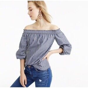 J Crew Off The Shoulder Striped Blouse Size 6 Blue White Long Sleeve